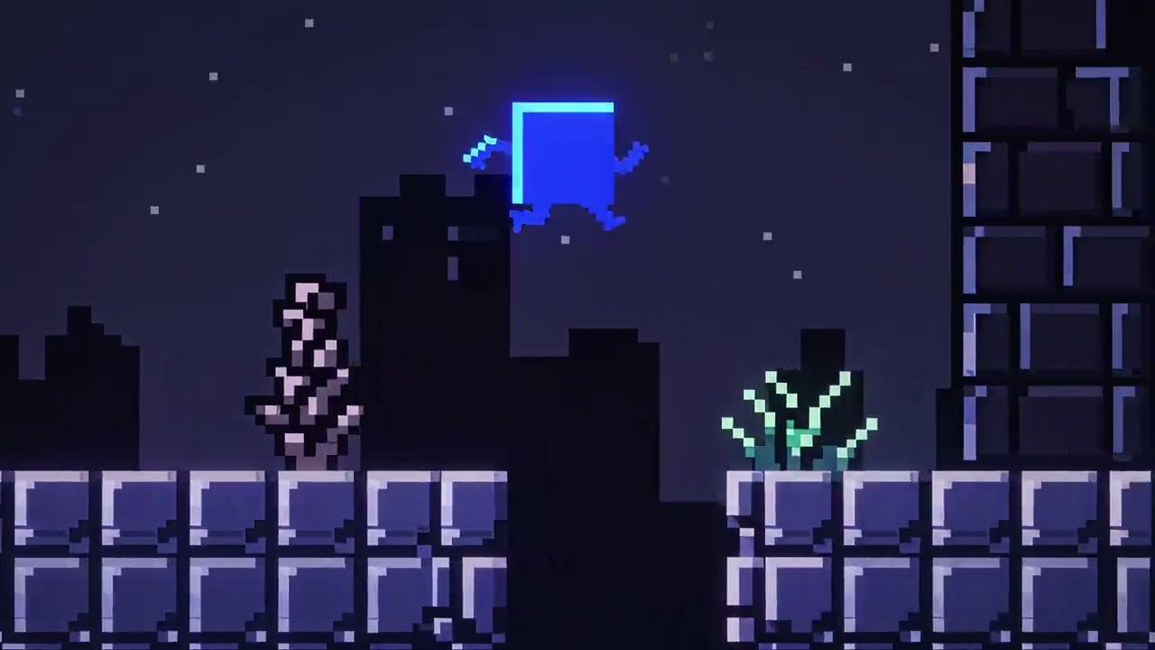 Basecase Tech film: a blue square in a pixel-art city