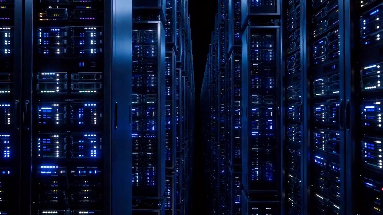 Rows of servers glowing blue in a dark data centre